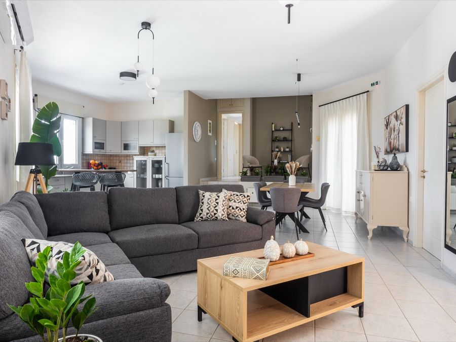 Open living and dining area at Olive Apartment Crete